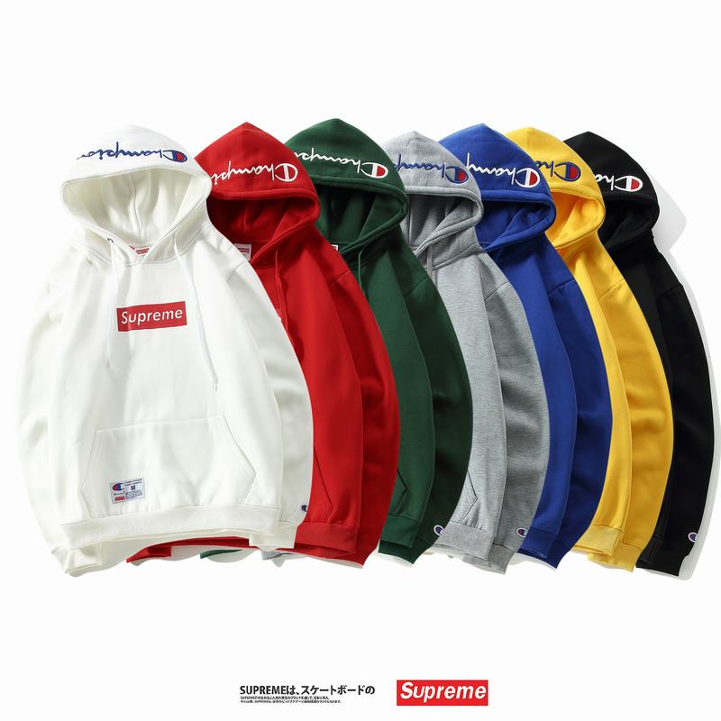 supreme x champion union 7 colors white red green grey blue yellow black embroidery velvet hoodie box logo